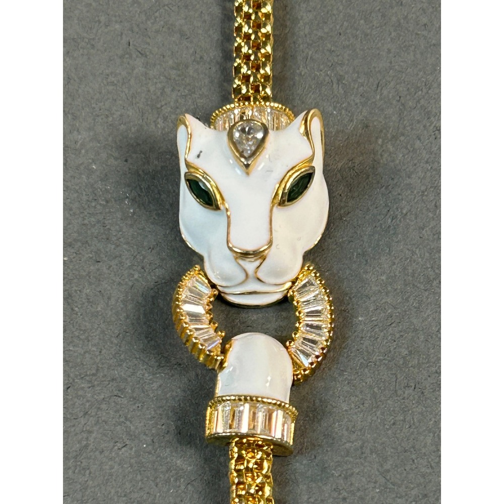 925 Sterling Silver White Enamel Panther Head Bracelet Gold Tone Emerald Eyes 7"